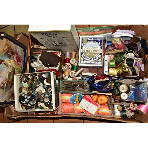 534 - SIX BOXES AND LOOSE SEWING AND HABERDASHERY ITEMS, to include linen and fabrics, wooden work boxes w... 