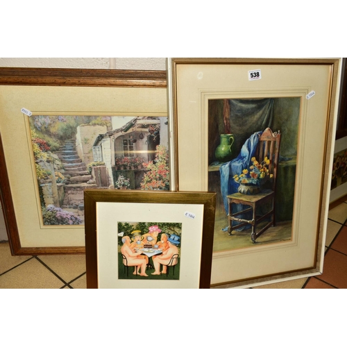 538 - PAINTINGS AND PRINTS, comprising still life watercolour by E. Tregear, signed and dated 1910, limite... 