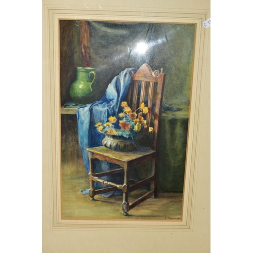 538 - PAINTINGS AND PRINTS, comprising still life watercolour by E. Tregear, signed and dated 1910, limite... 