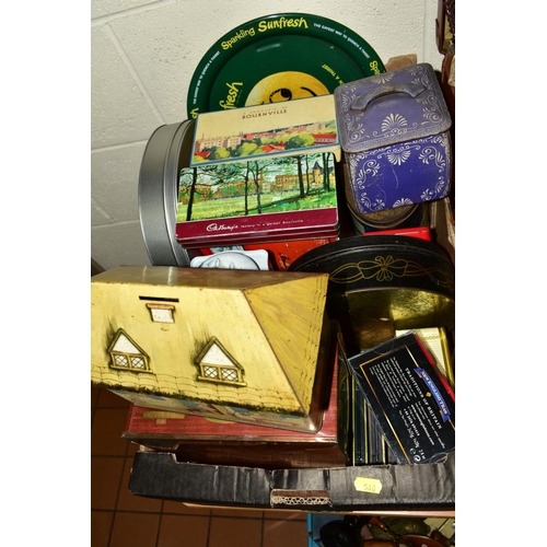 540 - THREE BOXES AND A CASE AND LOOSE WALKING STICKS AND UMBRELLAS, leather bag and box, assorted tins in... 