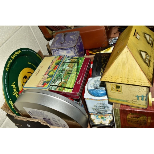 540 - THREE BOXES AND A CASE AND LOOSE WALKING STICKS AND UMBRELLAS, leather bag and box, assorted tins in... 