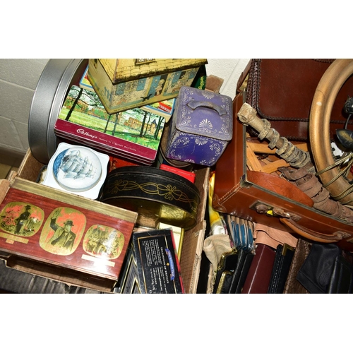 540 - THREE BOXES AND A CASE AND LOOSE WALKING STICKS AND UMBRELLAS, leather bag and box, assorted tins in... 