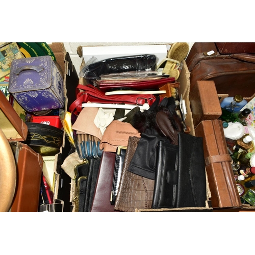 540 - THREE BOXES AND A CASE AND LOOSE WALKING STICKS AND UMBRELLAS, leather bag and box, assorted tins in... 