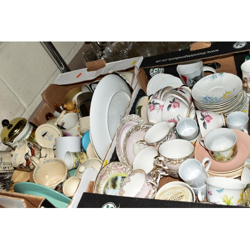 543 - SIX BOXES OF CERAMICS AND GLASSWARE AND LOOSE MODERN PAINTED CANAL ART METALWARES, including Emma Br... 