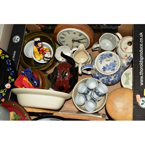 543 - SIX BOXES OF CERAMICS AND GLASSWARE AND LOOSE MODERN PAINTED CANAL ART METALWARES, including Emma Br... 