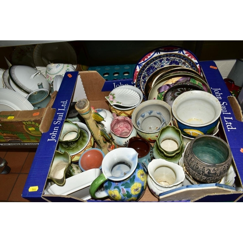 544 - SIX BOXES OF CERAMICS, including a damaged Royal Doulton style stoneware vase, Victorian tea and din... 