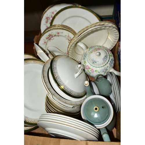 544 - SIX BOXES OF CERAMICS, including a damaged Royal Doulton style stoneware vase, Victorian tea and din... 