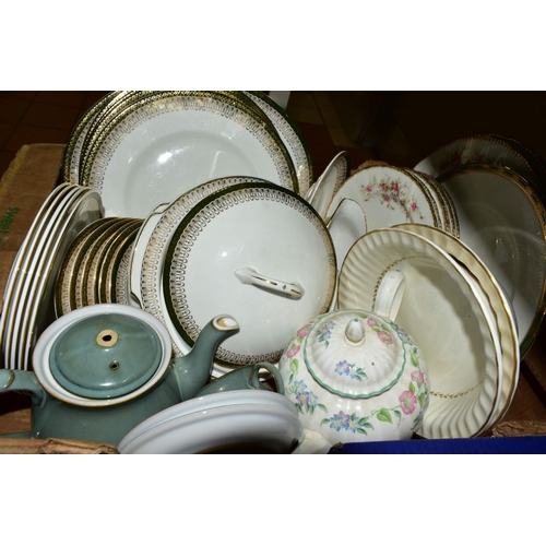 544 - SIX BOXES OF CERAMICS, including a damaged Royal Doulton style stoneware vase, Victorian tea and din... 