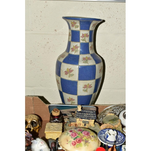 544 - SIX BOXES OF CERAMICS, including a damaged Royal Doulton style stoneware vase, Victorian tea and din... 