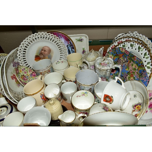 547 - FIVE BOXES OF CERAMICS, GLASS, METALWARES ETC, including ribbon plates, two Widdecombe Fair figures,... 