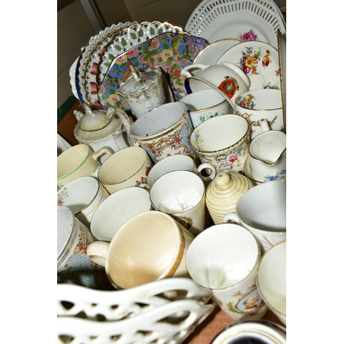 547 - FIVE BOXES OF CERAMICS, GLASS, METALWARES ETC, including ribbon plates, two Widdecombe Fair figures,... 