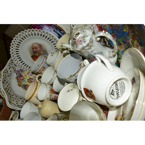 547 - FIVE BOXES OF CERAMICS, GLASS, METALWARES ETC, including ribbon plates, two Widdecombe Fair figures,... 