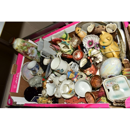 547 - FIVE BOXES OF CERAMICS, GLASS, METALWARES ETC, including ribbon plates, two Widdecombe Fair figures,... 