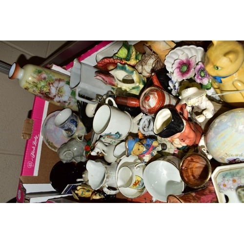 547 - FIVE BOXES OF CERAMICS, GLASS, METALWARES ETC, including ribbon plates, two Widdecombe Fair figures,... 