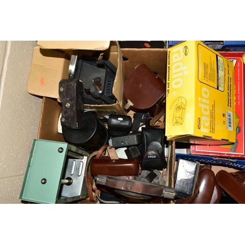 551 - TWO BOXES OF CAMERAS, PHOTOGRAPHIC EQUIPMENT, BOXED FILM STRIP PROJECTOR, a Sovereign Hacker radio, ... 