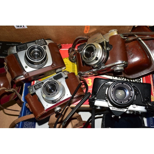 551 - TWO BOXES OF CAMERAS, PHOTOGRAPHIC EQUIPMENT, BOXED FILM STRIP PROJECTOR, a Sovereign Hacker radio, ... 