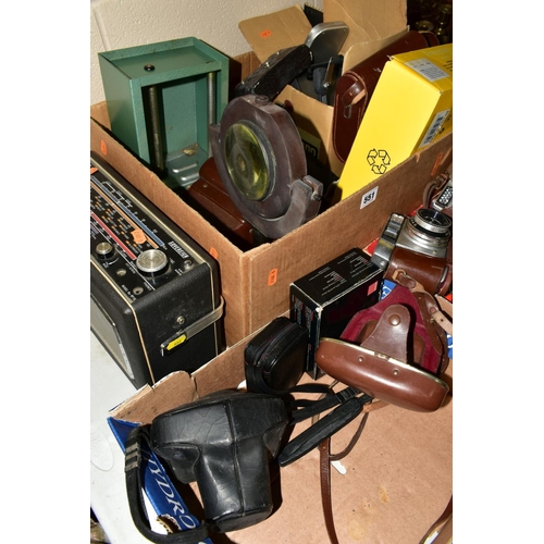 551 - TWO BOXES OF CAMERAS, PHOTOGRAPHIC EQUIPMENT, BOXED FILM STRIP PROJECTOR, a Sovereign Hacker radio, ... 