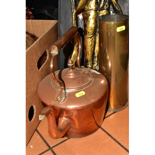 552 - TWO BOXES AND LOOSE METALWARES, including copper kettles, brass trays, pewter teapot and fruit bowl,... 