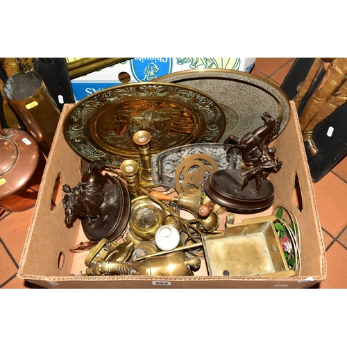 552 - TWO BOXES AND LOOSE METALWARES, including copper kettles, brass trays, pewter teapot and fruit bowl,... 