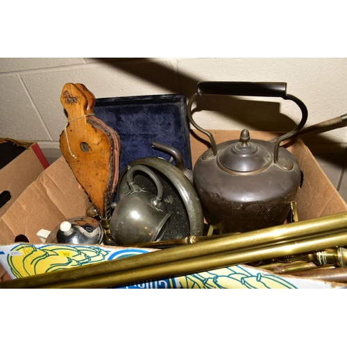 552 - TWO BOXES AND LOOSE METALWARES, including copper kettles, brass trays, pewter teapot and fruit bowl,... 