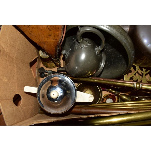 552 - TWO BOXES AND LOOSE METALWARES, including copper kettles, brass trays, pewter teapot and fruit bowl,... 