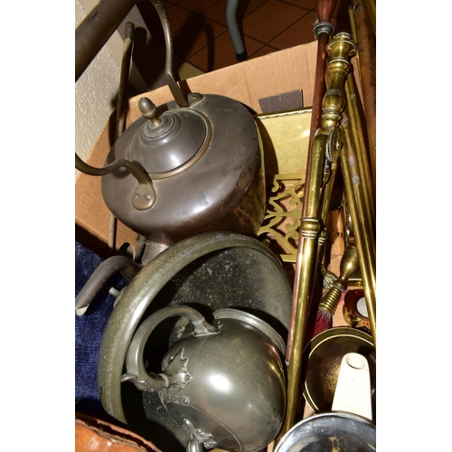 552 - TWO BOXES AND LOOSE METALWARES, including copper kettles, brass trays, pewter teapot and fruit bowl,... 