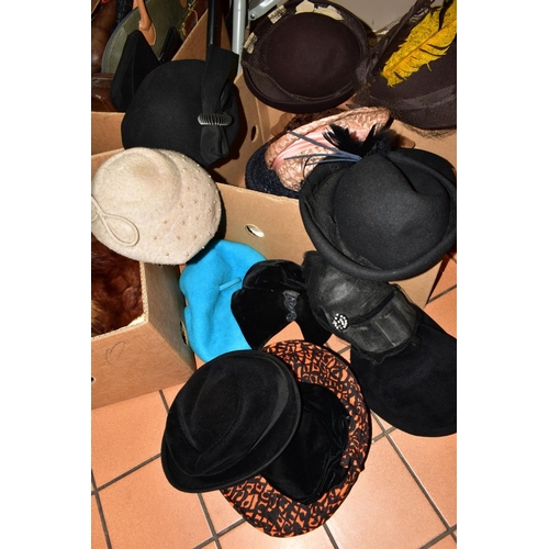 553 - TWO BOXES OF VINTAGE FOX FUR STOLES AND VINTAGE LADIES HATS, including an Ermine scarf, hats include... 