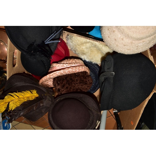 553 - TWO BOXES OF VINTAGE FOX FUR STOLES AND VINTAGE LADIES HATS, including an Ermine scarf, hats include... 