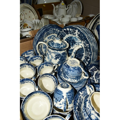 557 - SIX BOXES OF TEA/DINNER WARES, to include Spode 'Italian' (23), Palissy 'Avon Scenes' (over 80 piece... 