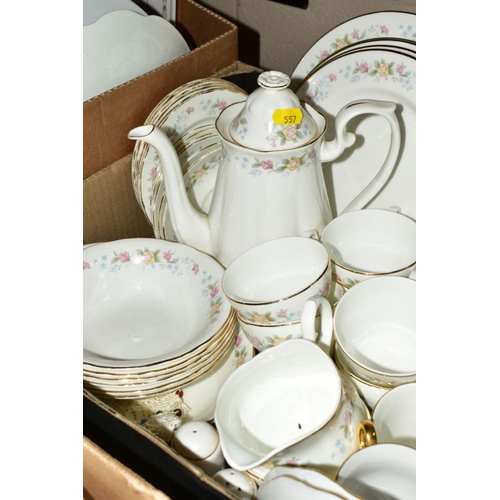 557 - SIX BOXES OF TEA/DINNER WARES, to include Spode 'Italian' (23), Palissy 'Avon Scenes' (over 80 piece... 