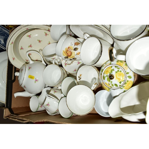 557 - SIX BOXES OF TEA/DINNER WARES, to include Spode 'Italian' (23), Palissy 'Avon Scenes' (over 80 piece... 