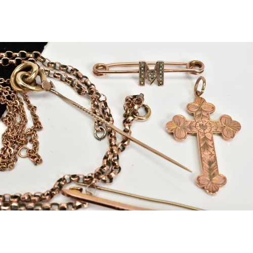 62 - SIX ITEMS OF JEWELLERY, to include two chains, two bar brooches, a stickpin and a cross pendant, thr... 