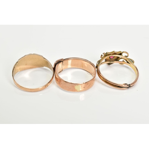 63 - THREE LATE 19TH TO EARLY 20TH CENTURY 9CT GOLD GEM SET RINGS, one of buckle design set with three tu... 