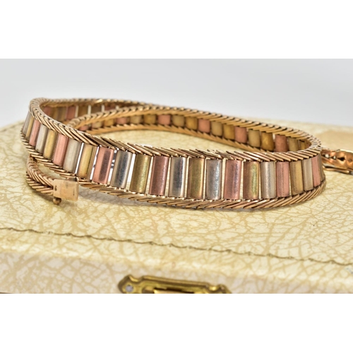 64 - A 9CT GOLD TRI COLOURED BRICK LINK AND HERRINGBONE DESIGN NECKLACE, tapered ends, approximate length... 