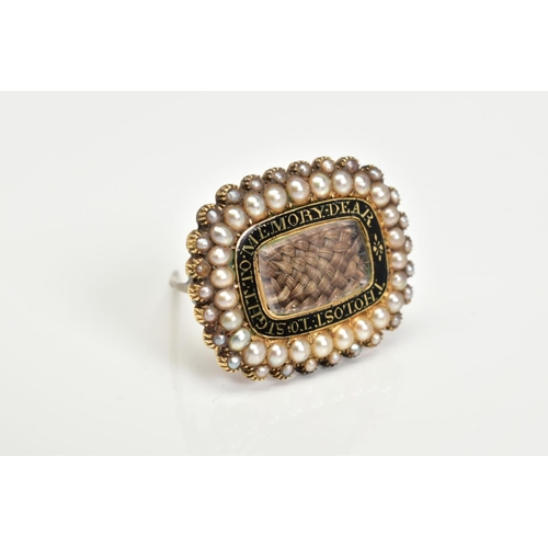 67 - AN EARLY 19TH CENTURY MEMORIAL BROOCH, central woven hair panel with a black enamel surround and two... 