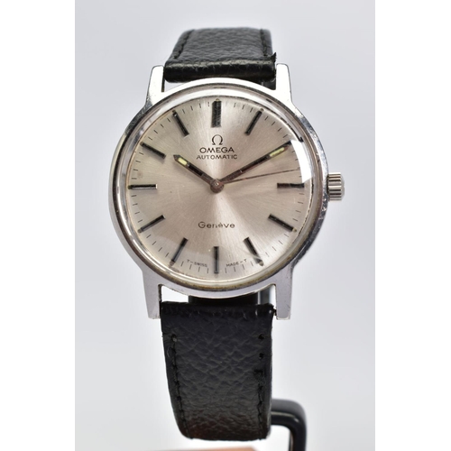 70 - AN OMEGA AUTOMATIC WRISTWATCH, a silvered dial with baton markers, approximate 35mm stainless steel ... 