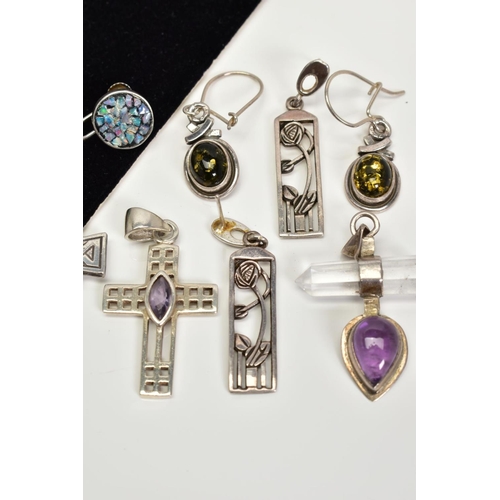 71 - A SELECTION OF JEWELLERY, to include four pairs of earrings and four pendants, most with marks to in... 