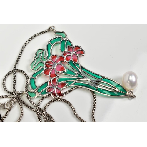 73 - TWO PLIQUE-A-JOUR PENDANT NECKLACES, the first of floral design with green and red enamel, suspendin... 