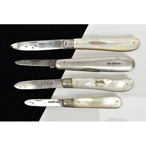 77 - A SELECTION OF SILVER FRUIT KNIVES, three with mother of pearl handles and one silver handles, two w... 