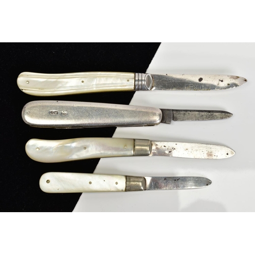 77 - A SELECTION OF SILVER FRUIT KNIVES, three with mother of pearl handles and one silver handles, two w... 