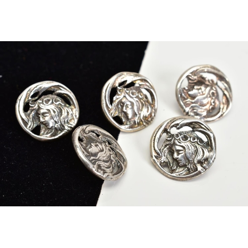 79 - FIVE WHITE METAL BUTTONS, each of circular design depicting a lady with flowers in her hair