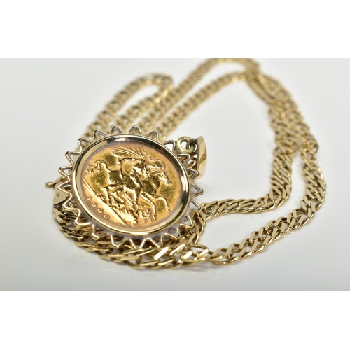 8 - A HALF SOVEREIGN PENDANT AND CHAIN, the Edward VII 1906 half sovereign within a pointed wire surroun... 