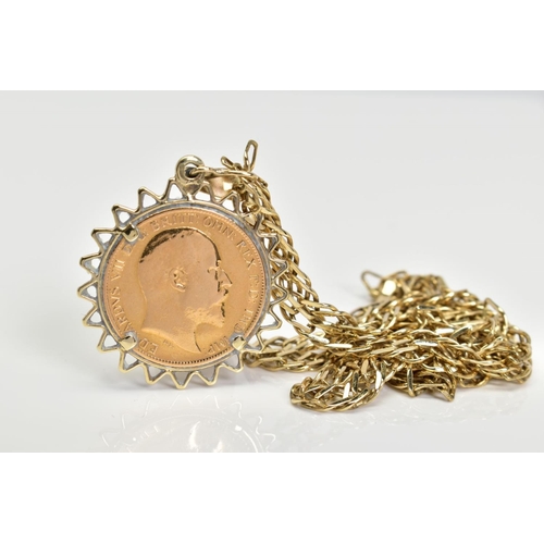 8 - A HALF SOVEREIGN PENDANT AND CHAIN, the Edward VII 1906 half sovereign within a pointed wire surroun... 