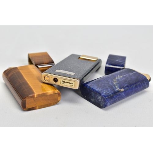 80 - THREE LIGHTERS, the first of flip design with sodalite case, the second also flip design with tigers... 