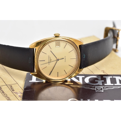 90 - A GENTS GOLD PLATED LONGINES WRISTWATCH, round case measuring 34mm, champagne dial signed Longines, ... 