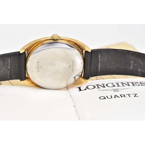 90 - A GENTS GOLD PLATED LONGINES WRISTWATCH, round case measuring 34mm, champagne dial signed Longines, ... 