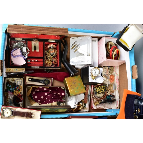 95 - TWO BOXES OF MAINLY COSTUME JEWELLERY, to include necklaces, brooches, bangles, earrings, watches, j... 