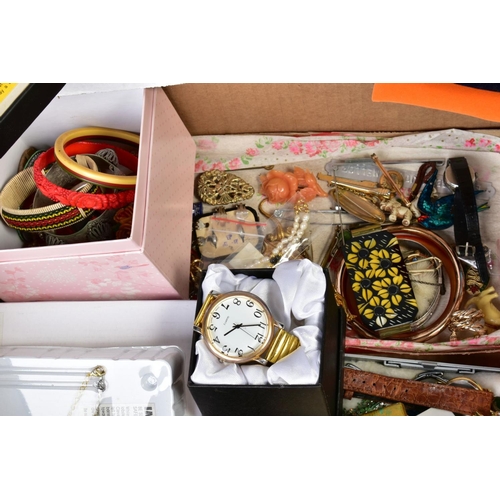 95 - TWO BOXES OF MAINLY COSTUME JEWELLERY, to include necklaces, brooches, bangles, earrings, watches, j... 