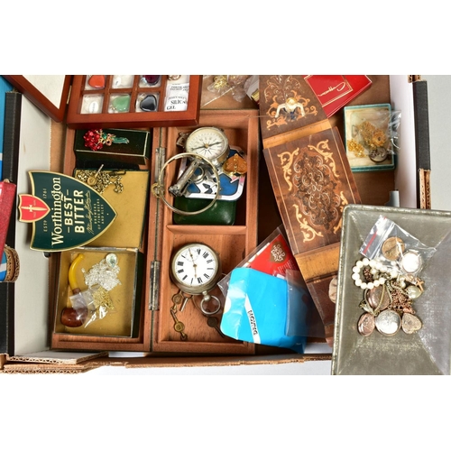 95 - TWO BOXES OF MAINLY COSTUME JEWELLERY, to include necklaces, brooches, bangles, earrings, watches, j... 