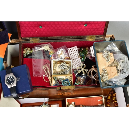 95 - TWO BOXES OF MAINLY COSTUME JEWELLERY, to include necklaces, brooches, bangles, earrings, watches, j... 